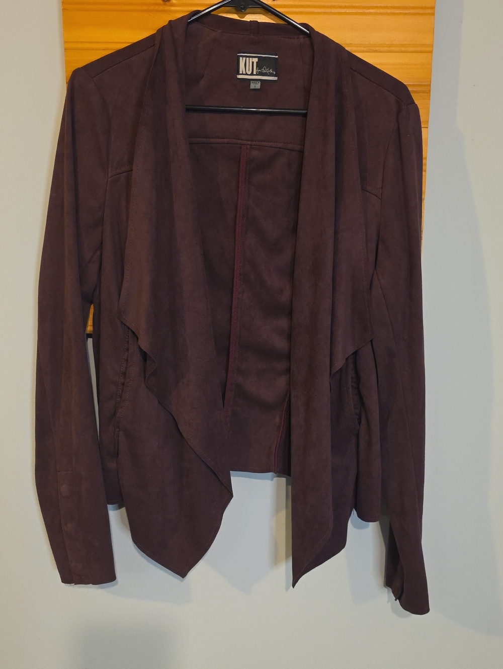 KUT from the Kloth Burgundy Faux Suede Drape Front Open Cardigan Women Large